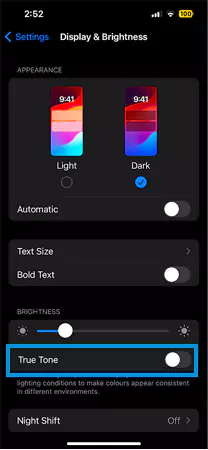 Toggle the switch True Tone to enable it
