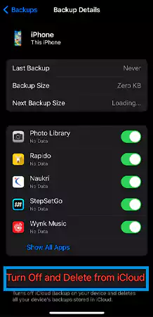Click on Turn Off and Delete from iCloud