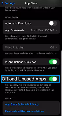 Toggle on the option for Offload Unused Apps