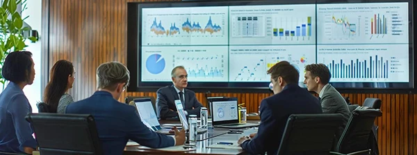  Conference meeting where six employees discuss project financials and data is projected on six screens behind them