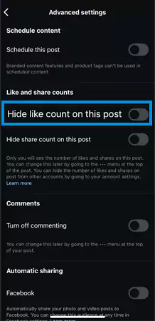 Enable that toggle for the option Hide like counts on this post