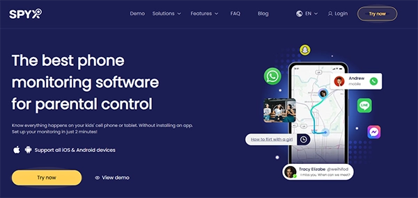 SpyX phone monitoring software displayed for parental control and text message tracking.